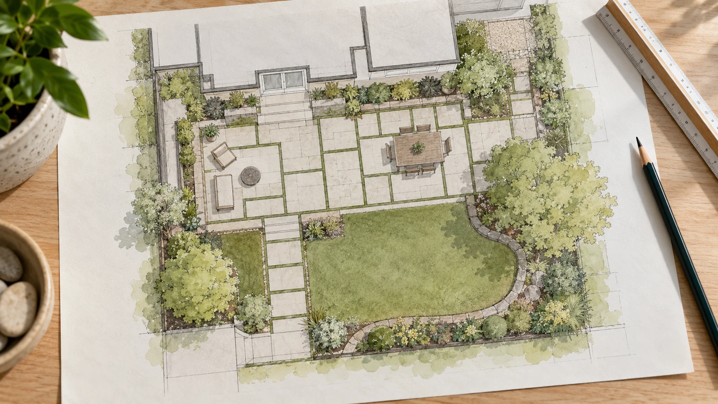 Illustrative garden plan with geometric paving, grass joints, and planted borders